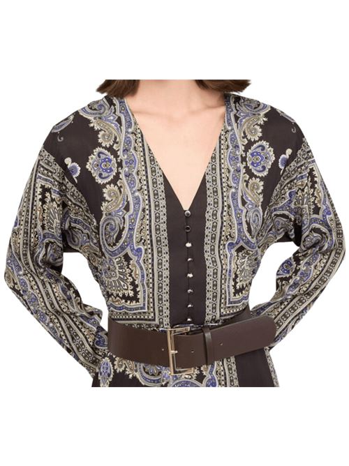 Vestito midi a manica lunga  in viscosa con cintura e stampa all-over sullo sfondo marrone. LIU JO | MF5394-TS117P9141